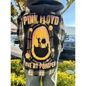 PINK FLOYD 60s 70s Rock Retro Vintage Upcycled Plaid Hooded Flannel Kids Sz M